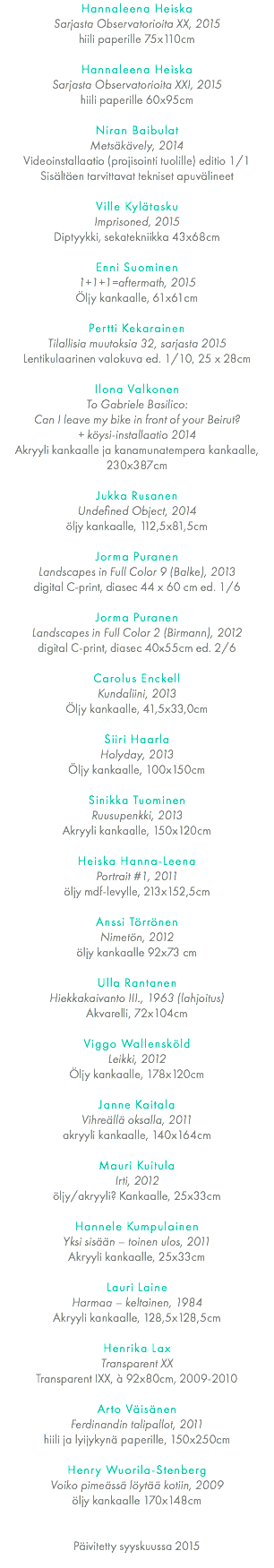 Hannaleena Heiska Sarjasta Observatorioita XX, 2015 hiili paperille 75x110cm Hannaleena Heiska Sarjasta Observatorioita XXI, 2015 hiili paperille 60x95cm Niran Baibulat Metsäkävely, 2014 Videoinstallaatio (projisointi tuolille) editio 1/1 Sisältäen tarvittavat tekniset apuvälineet Ville Kylätasku Imprisoned, 2015 Diptyykki, sekatekniikka 43x68cm Enni Suominen 1+1+1=aftermath, 2015 Öljy kankaalle, 61x61cm Pertti Kekarainen Tilallisia muutoksia 32, sarjasta 2015 Lentikulaarinen valokuva ed. 1/10, 25 x 28cm Ilona Valkonen To Gabriele Basilico: Can I leave my bike in front of your Beirut?  + köysi-installaatio 2014 Akryyli kankaalle ja kanamunatempera kankaalle, 230x387cm Jukka Rusanen Undefined Object, 2014 öljy kankaalle, 112,5x81,5cm Jorma Puranen Landscapes in Full Color 9 (Balke), 2013 digital C-print, diasec 44 x 60 cm ed. 1/6 Jorma Puranen Landscapes in Full Color 2 (Birmann), 2012 digital C-print, diasec 40x55cm ed. 2/6 Carolus Enckell Kundaliini, 2013 Öljy kankaalle, 41,5x33,0cm Siiri Haarla Holyday, 2013 Öljy kankaalle, 100x150cm Sinikka Tuominen Ruusupenkki, 2013 Akryyli kankaalle, 150x120cm Heiska Hanna-Leena Portrait #1, 2011 öljy mdf-levylle, 213x152,5cm Anssi Törrönen Nimetön, 2012 öljy kankaalle 92x73 cm Ulla Rantanen Hiekkakaivanto III., 1963 (lahjoitus) Akvarelli, 72x104cm Viggo Wallensköld Leikki, 2012 Öljy kankaalle, 178x120cm Janne Kaitala Vihreällä oksalla, 2011 akryyli kankaalle, 140x164cm Mauri Kuitula Irti, 2012 öljy/akryyli? Kankaalle, 25x33cm Hannele Kumpulainen Yksi sisään – toinen ulos, 2011 Akryyli kankaalle, 25x33cm Lauri Laine Harmaa – keltainen, 1984 Akryyli kankaalle, 128,5x128,5cm Henrika Lax Transparent XX Transparent IXX, à 92x80cm, 2009-2010 Arto Väisänen Ferdinandin talipallot, 2011 hiili ja lyijykynä paperille, 150x250cm Henry Wuorila-Stenberg Voiko pimeässä löytää kotiin, 2009 öljy kankaalle 170x148cm    Päivitetty syyskuussa 2015 